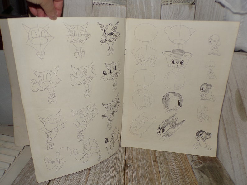 May include: Open book with pencil sketches of cartoon animal faces. The drawings show the steps of creating the cartoon faces, with each step outlined in pencil. The animals include cats, dogs, and other cartoon characters.