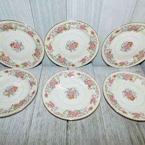 May include: Six vintage oval plates with a cream-colored background. Each plate features a floral design with pink roses, orange accents, and gold trim. The plates are arranged on a light wood surface.