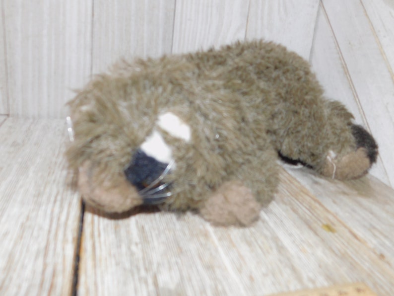 Puede incluir: Un juguete de peluche que se asemeja a un mapache, con pelaje marr&oacute;n y gris, una mancha blanca en la cara y ojos negros. El juguete est&aacute; acostado de lado con la cabeza apoyada en las patas.
