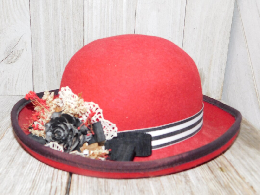 Vintage Felt Hat Red With Dried Flowers and a Ribbon on It, Vintage