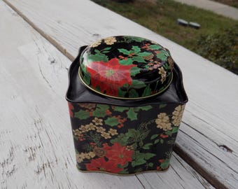 Vintage Floral Tin Canister, Poinsettia Design, Handled Wear, Square, Small, Memories, Gift, Prop, Daysgonebytreasures