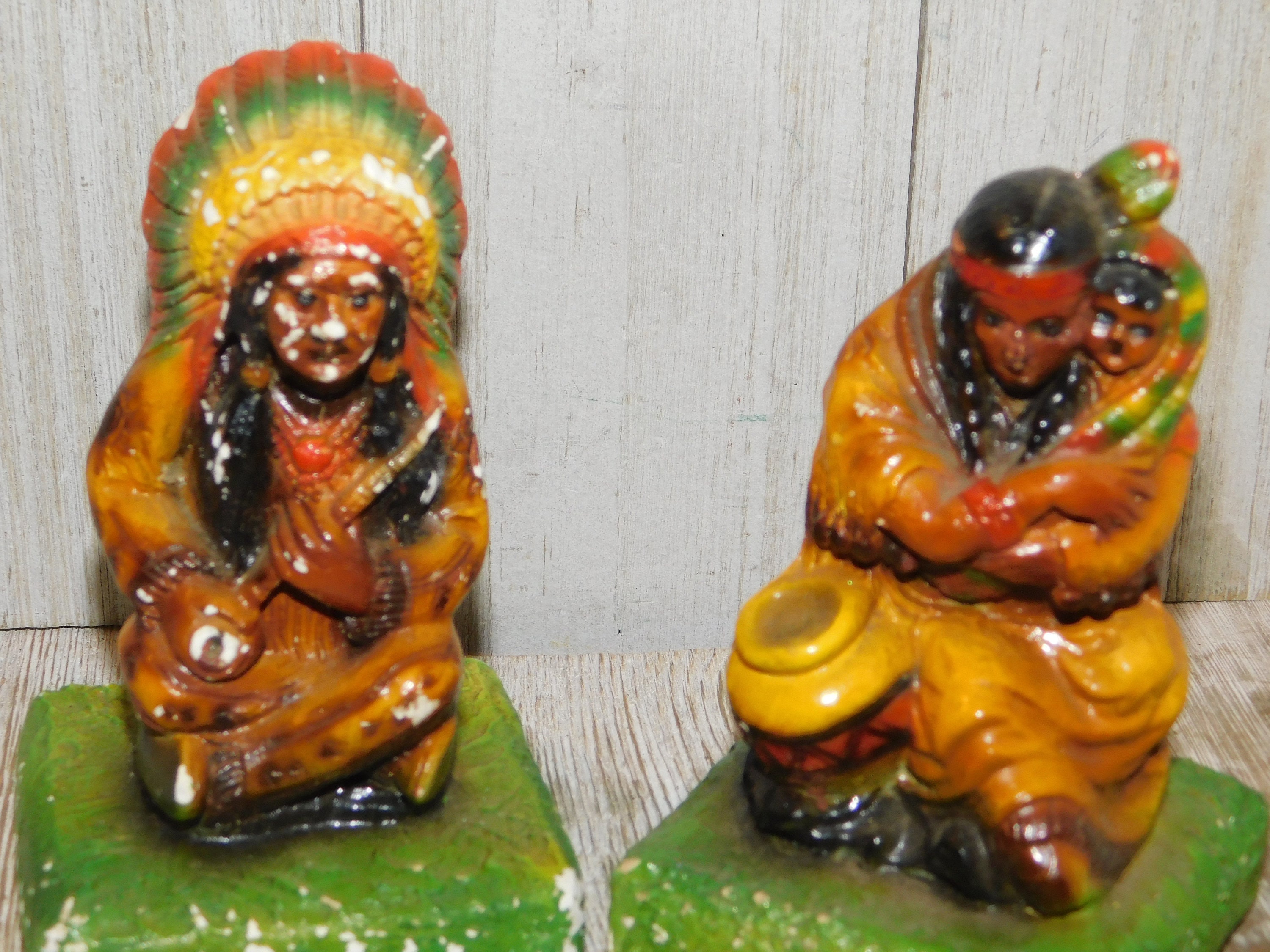 Vintage Chalk Ware Indian Bookends, Vintage Chalk Ware Vintage Chalk Ware Indian Bookends, Vintage Chalk Ware