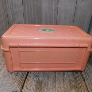 Puede incluir: Una caja de almacenamiento de pl&aacute;stico rosa con una tapa con cierre. La tapa tiene una pegatina verde y blanca con un personaje de dibujos animados.