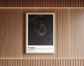 Print van het Hungaroring-circuit, plattegrond van het Hongaarse F1-circuit, Formule 1-muurdecoratie, minimalistische motorsportdecoratie, Grand Prix-raceposter, cadeau voor F1-fans