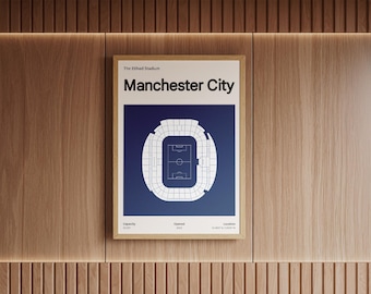 Etihad Stadium plattegrond poster - Manchester City voetbalcadeau - Minimalistische voetbal muurdecoratie - Man City stadiondecoratie - Premier League kunst