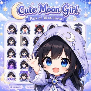 Puede incluir: Un paquete de pegatinas digitales titulado Cute Moon Girl Pack of 30+4 Emotes que muestra un personaje de pelo negro y ojos azules con una capa con capucha de color violeta claro con motivos de lunas y estrellas y diversas expresiones.
