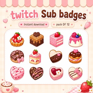 Könnte beinhalten: Ein digitales Set aus 12 Twitch-Abonnenten-Abzeichen mit verschiedenen Desserts wie Erdbeertörtchen, Schokobrownies, rosa Kuchen, Pudding, Donuts und herzförmigem Gebäck. Der Text lautet twitch Sub badges, Instant download und pack of 12.