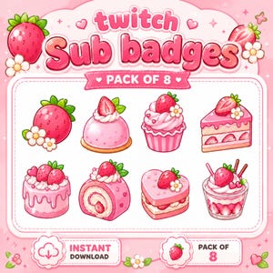 Op de afbeelding: Een digitale set van acht Twitch-abonneebadges met aardbei-thema desserts in roze en rode tinten. De collectie bevat een hele aardbei, een koepeltaartje, een cupcake, een taartpunt, een ronde taart, een cake rol, een hartvormige taart en een parfait.