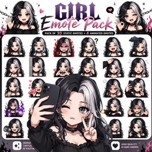 May include: A digital emote pack featuring 30 static and 4 animated emotes of an anime-style character with black and white hair. The text reads GIRL Emote Pack, PACK OF 30 STATIC EMOTES + 4 ANIMATED EMOTES, PERFECT FOR TWITCH & YOUTUBE, HIGH QUALITY & HAND DRAWN.