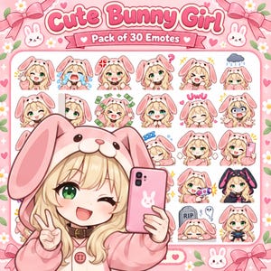 May include: A digital collection of 30 Cute Bunny Girl emotes featuring a blonde character in a pink rabbit-eared hoodie. The set includes various expressions and actions, with the title Cute Bunny Girl Pack of 30 Emotes displayed at the top.
