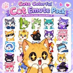 Könnte beinhalten: Eine digitale Sammlung von Katzen-Emotes mit verschiedenen bunten Katzencharakteren in unterschiedlichen Ausdrücken und Outfits. Der Text "Cute Colorful Cat Emote Pack" steht oben, darunter "Perfect for Twitch, Discord & More!".