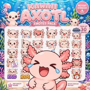Kawaii Axolotl Twitch Emotes-paket, 30 söta Axolotl Emotes, söta havsströms-emotes, Discord-emotes, Twitch Emotes-paket, Chibi Ocean Emotes