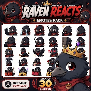 Op de afbeelding: Een digitale collectie van 30 raven-emotes met een zwarte vogel met een rode sjaal en een gouden kroon. De set bevat diverse uitdrukkingen en acties zoals huilen, popcorn eten, een roos vasthouden en tekstlabels zoals RAID, HYPE en BAN.