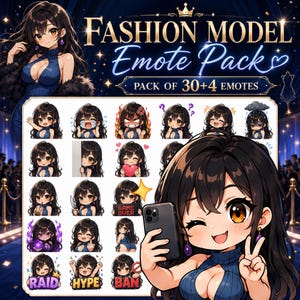 Könnte beinhalten: Ein digitales Emote-Paket mit 34 Illustrationen im Chibi-Stil einer Figur mit langem dunklen Haar, die ein blaues Rollkragenkleid trägt. Der Text FASHION MODEL Emote Pack und PACK OF 30+4 EMOTES ist in Gold und Weiß dargestellt.