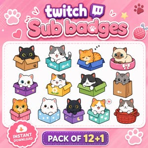以下が含まれることがあります： 猫をテーマにした13種類のTwitchサブスクバッジのデジタルコレクション。箱やバスケット、ベッドに入った様々な子猫が描かれています。画像には「twitch Sub badges」、「PACK OF 12+1」、「INSTANT DOWNLOAD」というテキストがピンクの背景に配置されています。