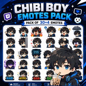 May include: A digital collection of 34 chibi boy emotes featuring a character with black hair and blue headphones. The pack includes various expressions and actions like waving, crying, gaming, and holding signs with text like RAID, HYPE, BAN, and GG.