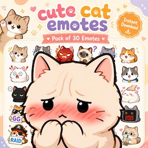 Könnte beinhalten: Eine digitale Sammlung von 30 Katzen-Emotes mit verschiedenen Ausdrücken und Aktivitäten. Die Grafik enthält den Text cute cat emotes, Pack of 30 Emotes, Instant Download, GG, RAID und GAME OVER, dargestellt in einem bunten Cartoon-Stil.