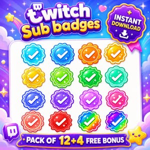 May include: A digital collection of sixteen circular badges featuring checkmarks in various colors and patterns, including solid, gradient, and rainbow designs. The text reads Twitch Sub badges, Instant Download, and Pack of 12+4 Free Bonus.