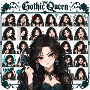 Gothic Queen Twitch Emotes Pack, 30 statiska + 4 animerade tjejemotes, mörk gotisk anime-emotes, Discord-emotes-paket, Kawaii Halloween-emotes