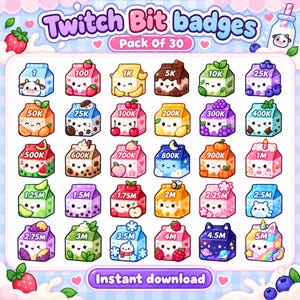 May include: A digital collection of 30 Twitch Bit badges featuring cute, anthropomorphic milk cartons in various colours and themes. Each carton displays a specific numerical value, ranging from 1 to 5M, with unique fruit, dessert, or celestial decorations.