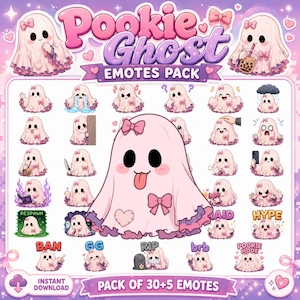 Op de afbeelding: Een digitaal emote-pakket genaamd Pookie Ghost Emotes Pack met vijfendertig illustraties van een lichtroze spookkarakter met zwarte ogen, roze strikjes en hartjes. De spoken worden getoond in verschillende houdingen, uitdrukkingen en activiteiten.