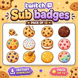 Op de afbeelding: Een digitale set van 12 Twitch-abonneebadges met diverse koekjesontwerpen, waaronder chocoladestukjes, hagelslag, sandwich, bessen, honing en snoepjes. De afbeelding bevat de tekst Twitch Sub badges en Pack of 12.