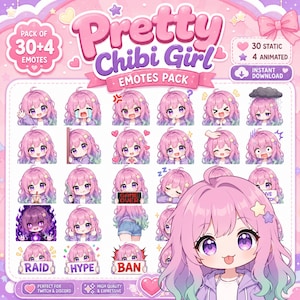 Peut inclure: Un pack d'emotes numériques intitulé Pretty Chibi Girl Emotes Pack comprenant 34 illustrations d'un personnage aux cheveux roses et bleu sarcelle. L'ensemble inclut 30 emotes statiques et 4 animées montrant diverses expressions et textes.