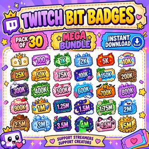 Könnte beinhalten: Eine digitale Sammlung von 30 Twitch Bit Badges in einem Mega-Bundle, mit verschiedenen farbenfrohen Designs und Zahlenwerten von 1 bis 5M. Die Grafik enthält Textbeschriftungen wie Twitch Bit Badges, Pack of 30 und Instant Download.