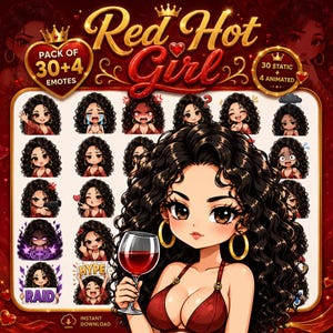 Pode incluir: Uma coleção digital de 34 emotes intitulada Red Hot Girl, apresentando uma personagem de desenho animado com cabelos escuros longos e cacheados e brincos de argola dourados. O conjunto inclui 30 expressões estáticas e 4 animadas.