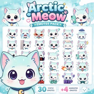 Könnte beinhalten: Ein digitales Emote-Paket mit dem Titel Arctic Meow, das 30 statische und 4 animierte Emotes einer hellblauen Katze mit großen Augen und einem Halbmond-Halsband enthält, dargestellt in verschiedenen Ausdrücken und Aktivitäten.