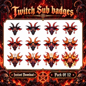 Op de afbeelding: Een set van 12 digitale Twitch-abonneebadges met zwarte geitenkoppen met rode gloeiende ogen, hoorns en bungelende rode kristallen oorbellen. De badges tonen progressieve detailniveaus, inclusief vuur, maansikkels en pentagramsymbolen.
