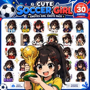 Puede incluir: Un paquete de pegatinas digitales con 30 ilustraciones estilo anime de una chica de pelo oscuro en varias poses de fútbol. La colección incluye el texto CUTE SOCCER GIRL EMOTES GIRL EMOTE PACK y PACK OF 30 EMOTES. La imagen central muestra a la chica sosteniendo un trofeo dorado.