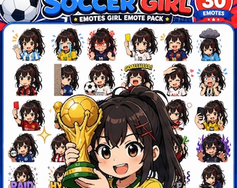Paquete de emoticonos de Twitch de chicas futbolistas adorables, 4 emoticonos animados, 30 emoticonos chibi de chicas futbolistas, emoticonos de chicas de fútbol, emoticonos chibi, paquete de emoticonos de Twitch