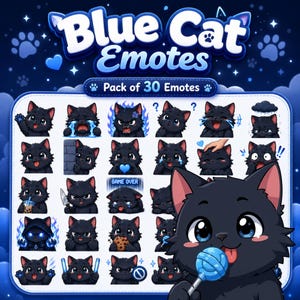 Può includere: Un pacchetto di adesivi digitali con 30 emote di gatti neri con varie espressioni e azioni. Il testo dell'intestazione recita Blue Cat Emotes e Pack of 30 Emotes. I gatti sono raffigurati con accenti blu, inclusi occhi luminosi e lacrime.