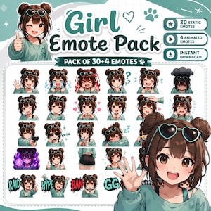 Op de afbeelding: Een digitaal emote-pakket met een stripfiguur met bruin haar in knotjes en een hartvormige zonnebril. De set bevat 30 statische en 4 geanimeerde emotes met verschillende uitdrukkingen, gebaren en teksten zoals RAID, HYPE, BAN en GG.