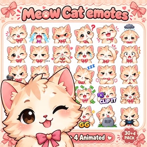 Könnte beinhalten: Ein digitales Sticker-Paket mit dem Titel Meow Cat emotes, das vierunddreißig Illustrationen einer hellorangen Katze mit einer rosa Schleife enthält. Die Katze zeigt verschiedene Ausdrücke wie glücklich, traurig, wütend, schlafend und spielend, mit Texten wie CLIP IT, GG und RIP.