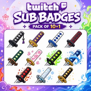 Peut inclure: Un ensemble numérique de 11 icônes de poignées de sabre katana pour les badges d'abonné Twitch. Le lot présente divers designs incluant des thèmes noir, violet, blanc, rouge, vert, cerisier, flamme, eau, glace et or avec des poignées détaillées.
