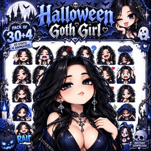 Può includere: Un pacchetto di adesivi digitali intitolato Halloween Goth Girl contenente 34 elementi in totale, inclusi 30 statici e 4 animati. La collezione mostra un personaggio con lunghi capelli neri e abiti scuri in varie pose ed espressioni facciali.