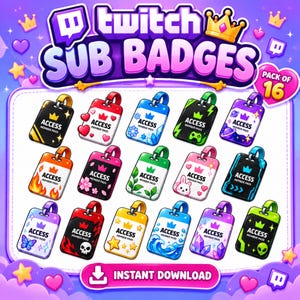 May include: A set of 16 digital Twitch sub badges featuring rectangular member pass designs. Each badge displays the text ACCESS MEMBER PASS with a unique icon, including hearts, flames, stars, skulls, planets, and nature elements in various colours.