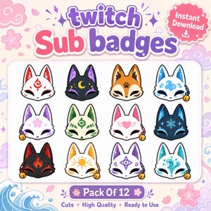 Puede incluir: Un conjunto de 12 insignias digitales de suscripción para Twitch con máscaras de zorro estilizadas en varios colores y temas, incluyendo diseños florales, celestiales y elementales. Cada máscara tiene orejas puntiagudas y un cascabel dorado.
