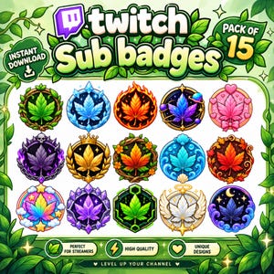 Peut inclure: Un ensemble de 15 badges d'abonnement Twitch numériques présentant divers motifs de feuilles dans des cadres circulaires. La collection inclut des thèmes comme le feu, la glace, l'espace, les fleurs et des couronnes dorées. L'image affiche le texte Twitch Sub badges, Pack of 15, Instant Download, Perfect for Streamers, High Quality, Unique Designs, et Level Up Your Channel.
