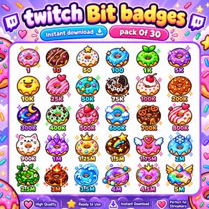 May include: A digital collection of 30 doughnut-themed Twitch Bit badges featuring various colourful designs, toppings, and themes. Each badge is labelled with a specific numerical value ranging from 1 to 5M, presented in a grid format with text.