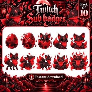 Puede incluir: Un paquete digital de 10 insignias de suscripción para Twitch con un personaje de zorro negro y rojo en varias etapas de crecimiento, desde un huevo hasta un zorro de varias colas. El texto dice Twitch Sub badges, Pack Of 10 e Instant download.
