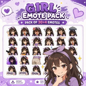 Op de afbeelding: Een digitale collectie van 34 anime-stijl emotes met een meisje met lang bruin haar en een paarse hoofdband. De set bevat diverse uitdrukkingen en acties zoals zwaaien, huilen, eten en het vasthouden van bordjes met RAID, HYPE en BAN.
