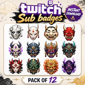 May include: A digital collection of 12 Twitch sub badges featuring various stylized Japanese-inspired masks, including cracked stone, horned oni, and demon faces in red, purple, gold, and green colors, with the text Twitch Sub badges and Pack of 12.