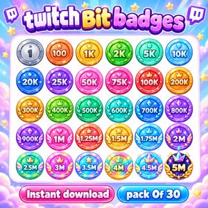 Colorful Twitch Bit Badges,30 Cheer Bit Badges, Coin Subscriber Reward Icons, Twitch Cheer Milestone Badges,Twitch Stream Assets,Badges Pack