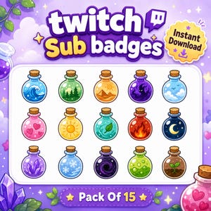 Puede incluir: Un conjunto de 15 insignias digitales de suscripción para Twitch que muestran botellas de vidrio redondas con tapones de corcho, cada una con iconos únicos como olas, árboles, desiertos, fantasmas, nubes, corazones, soles, hojas, fuego, lunas y cristales.