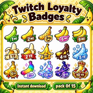Puede incluir: Un conjunto de 15 insignias de lealtad digitales para Twitch con ilustraciones de plátanos en diversas texturas, colores y etiquetas temporales que van desde 1 mes hasta 10 años. El gráfico incluye el texto Twitch Loyalty Badges, Instant download y pack of 15.