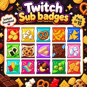 Könnte beinhalten: Eine digitale Sammlung von 15 Twitch-Abonnenten-Abzeichen mit farbenfrohen Illustrationen zum Thema Snacks. Jedes Abzeichen zeigt eine andere Leckerei, darunter Chips, Popcorn, Brezeln, Kekse, Schokolade, Süßigkeiten und Nüsse, angeordnet in einem Raster.