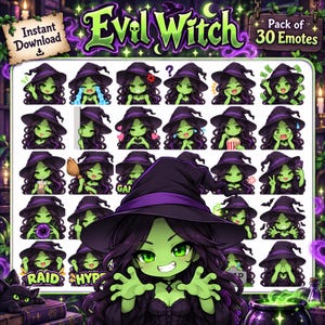 May include: A digital collection of 30 emotes featuring a green-skinned witch with long dark hair and a purple hat. The set includes various expressions and poses, such as crying, laughing, eating popcorn, and holding a broom, labelled Evil Witch.